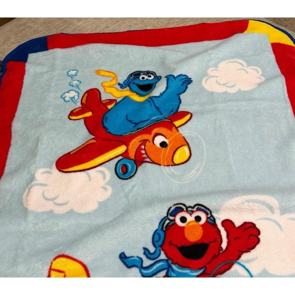 2009 Sesame Street Elmo Cookie Monster Airplane Baby Blanket 30x45 Plush